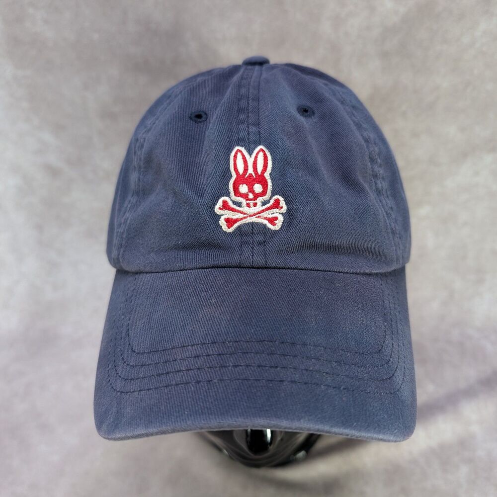 Psycho Bunny Hat Cap Navy Blue Red Skull Crossbones Adjustable Buckle Mens